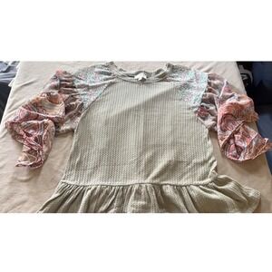 Umgee USA Waffle Knit Ruffled Sleeve Patchwork Print Top Size M